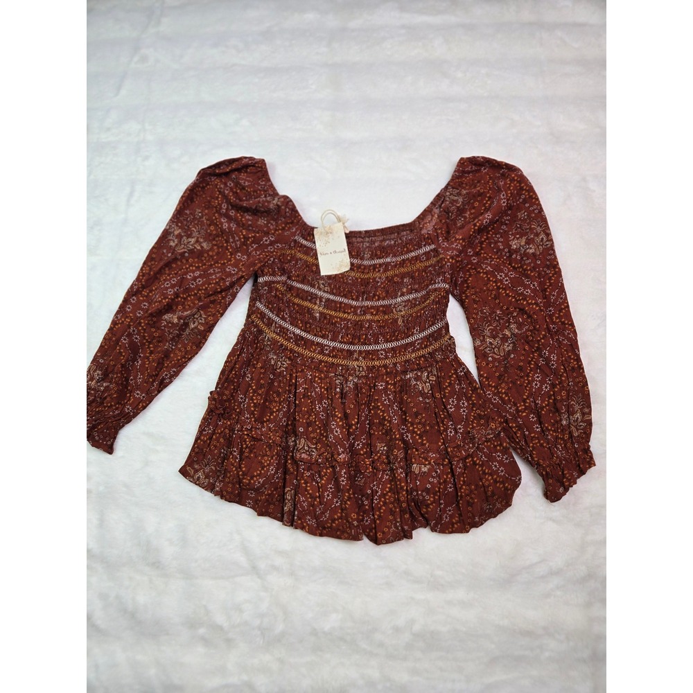Womens Rust Brown Floral Smocked Babydoll Top Whimsigoth Peasant Cottagecore M